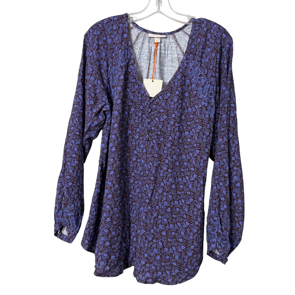 Knox Rose Blouse Womens Small Blue Brown Floral V-Neck Boho Peasant Rayon Chic